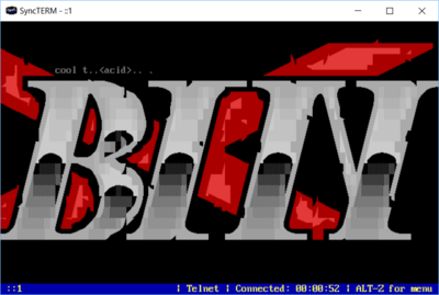 An ACiD XBin demonstration file (CT-XBIN.XB) displayed in SyncTERM v1.1b